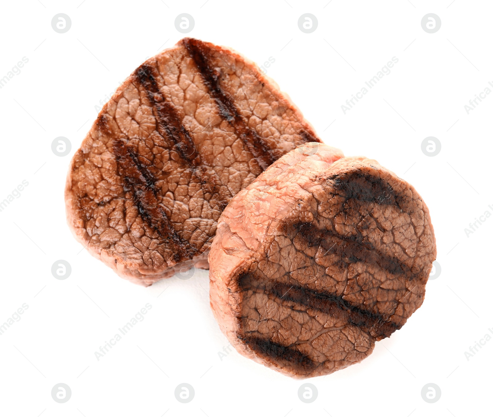 Photo of Delicious grilled meat on white background, top view