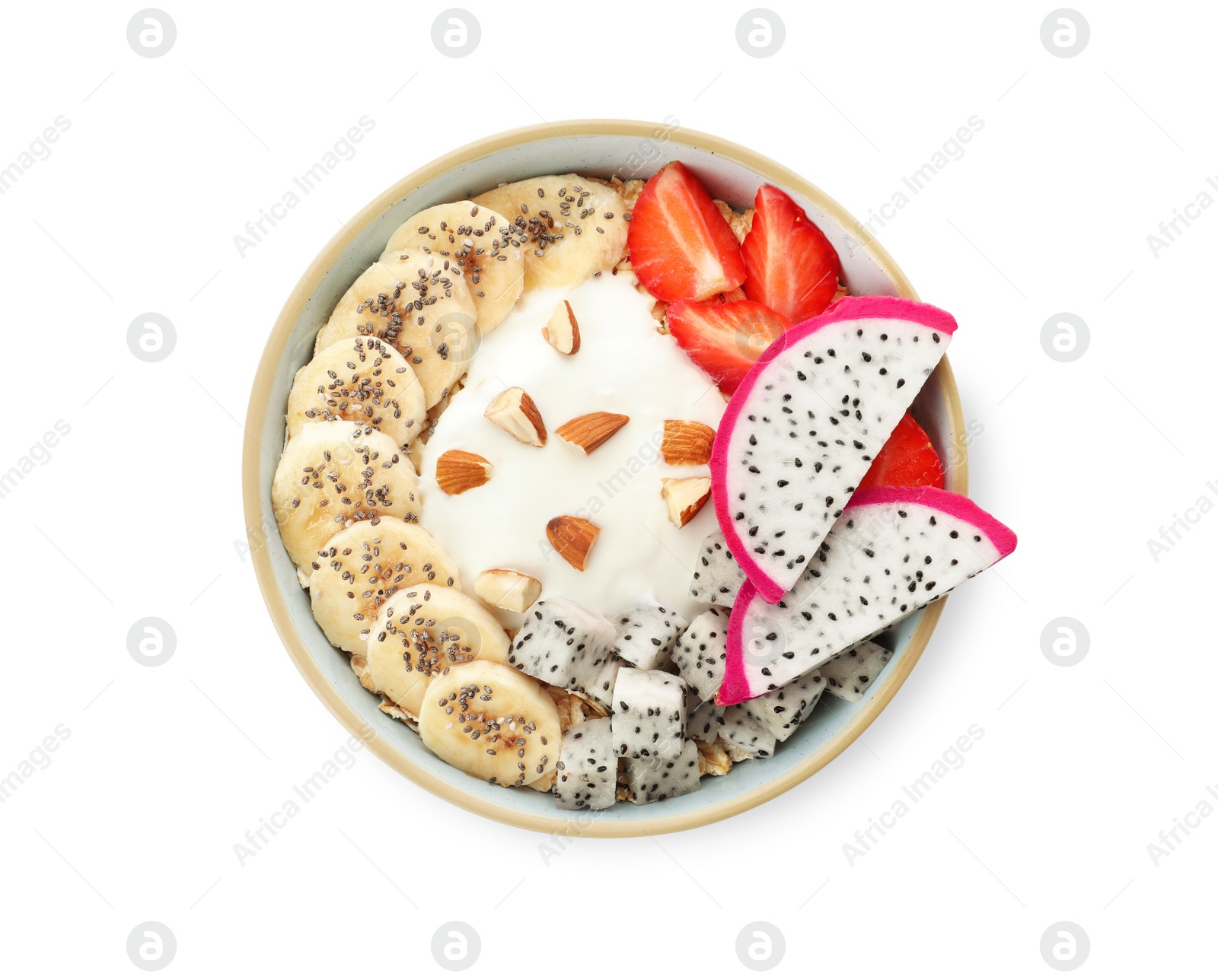 Photo of Bowl of granola with pitahaya, banana, strawberries and yogurt isolated on white, top view