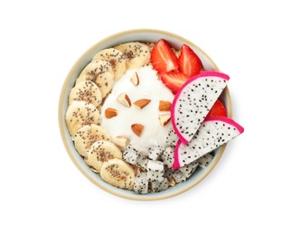 Bowl of granola with pitahaya, banana, strawberries and yogurt isolated on white, top view