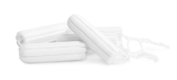 Photo of Tampons on white background. Menstrual hygiene product