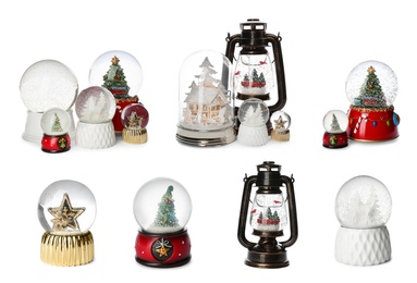 Set of different beautiful snow globes on isolated on white