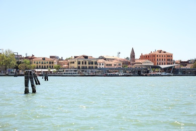 VENICE, ITALY - JUNE 13, 2019: Picturesque view of city on sea shore
