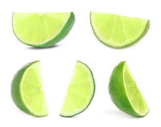 Set of cut fresh ripe limes on white background