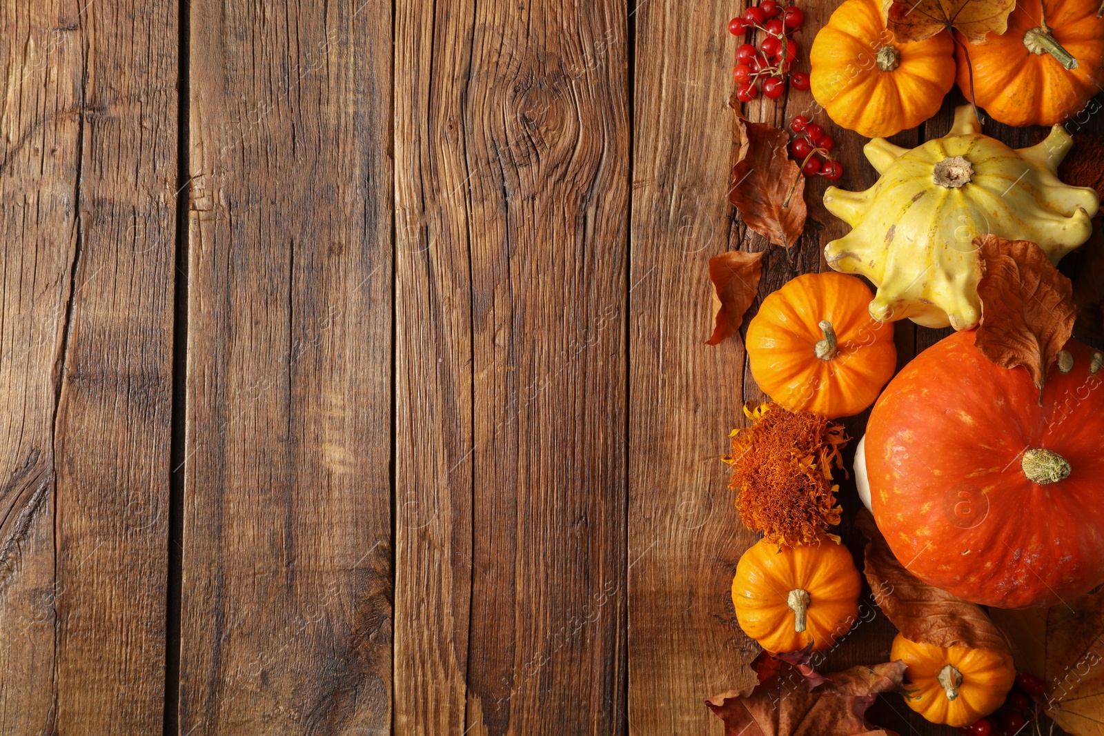 Photo of Dry autumn leaves and pumpkins on wooden table, flat lay. Space for text