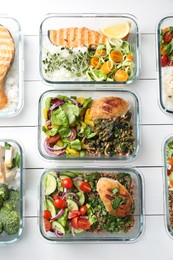 Healthy meal. Containers with different products on white wooden table, flat lay