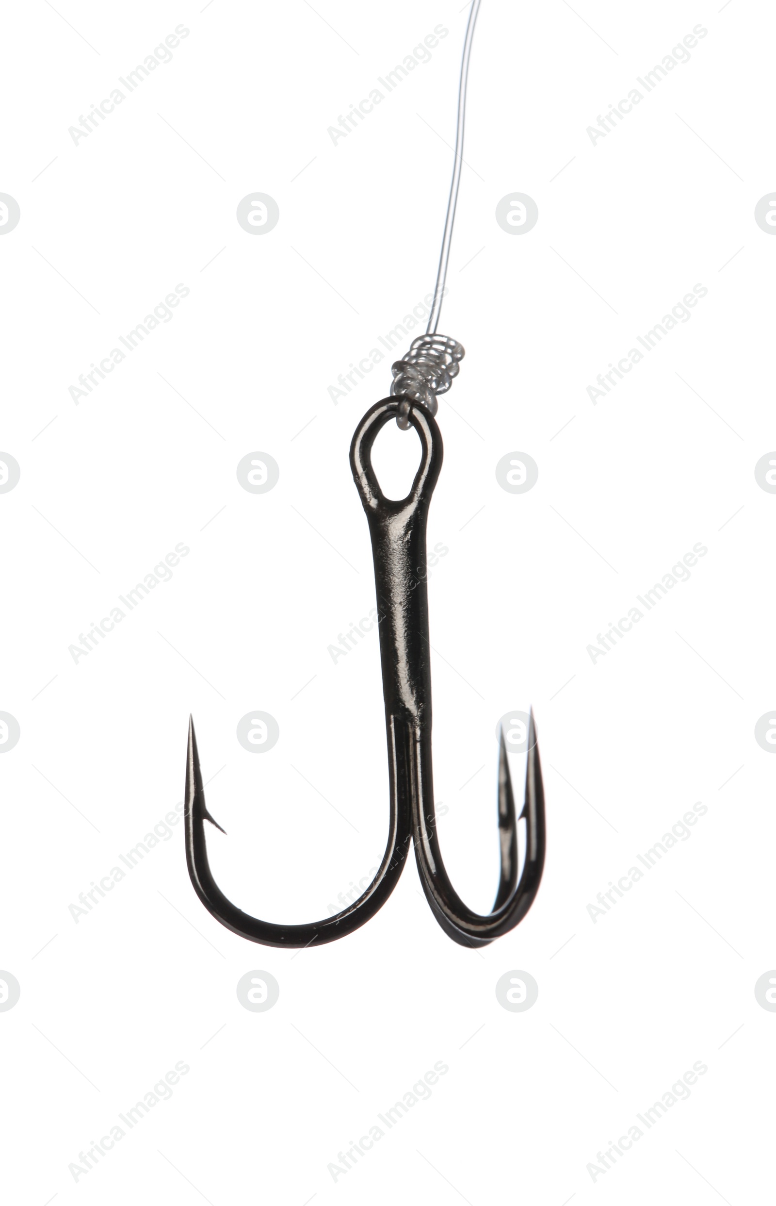 Photo of Fishing hook on white background. Angling equipment