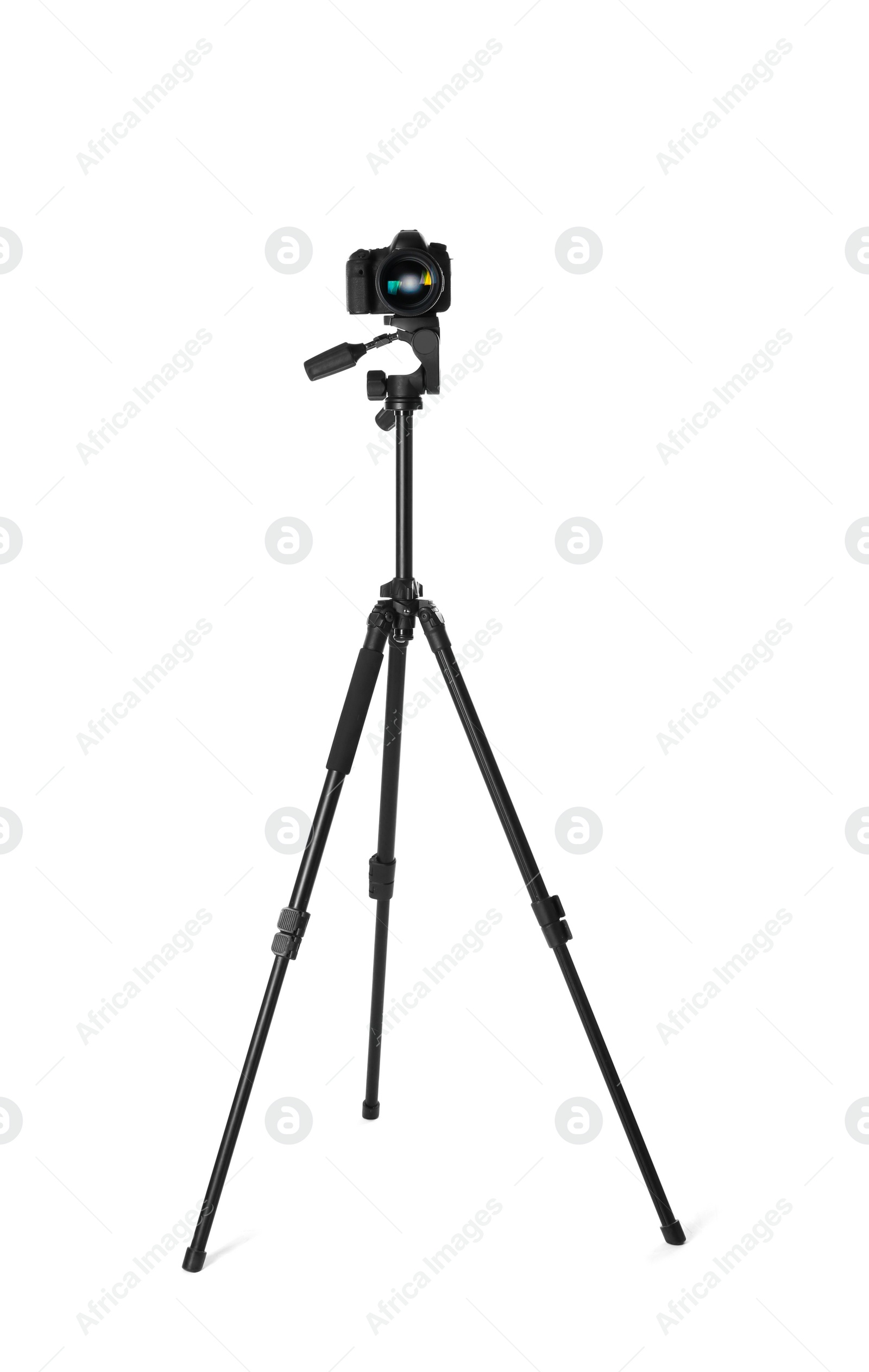 Photo of Modern tripod with camera isolated on white