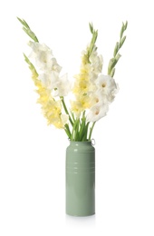 Photo of Vase with beautiful gladiolus flowers on white background
