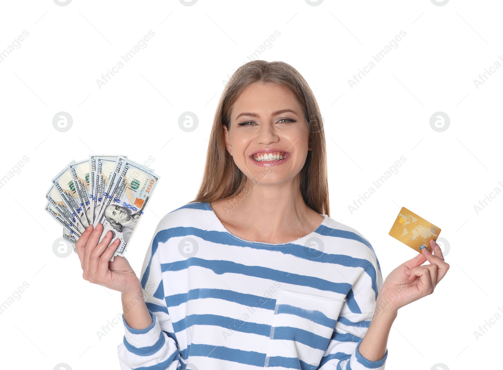 Photo of Portrait of happy young woman with money and credit card on white background