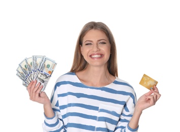 Photo of Portrait of happy young woman with money and credit card on white background