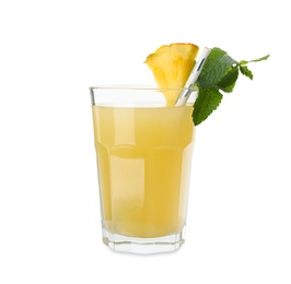 Delicious fresh pineapple juice with mint isolated on white