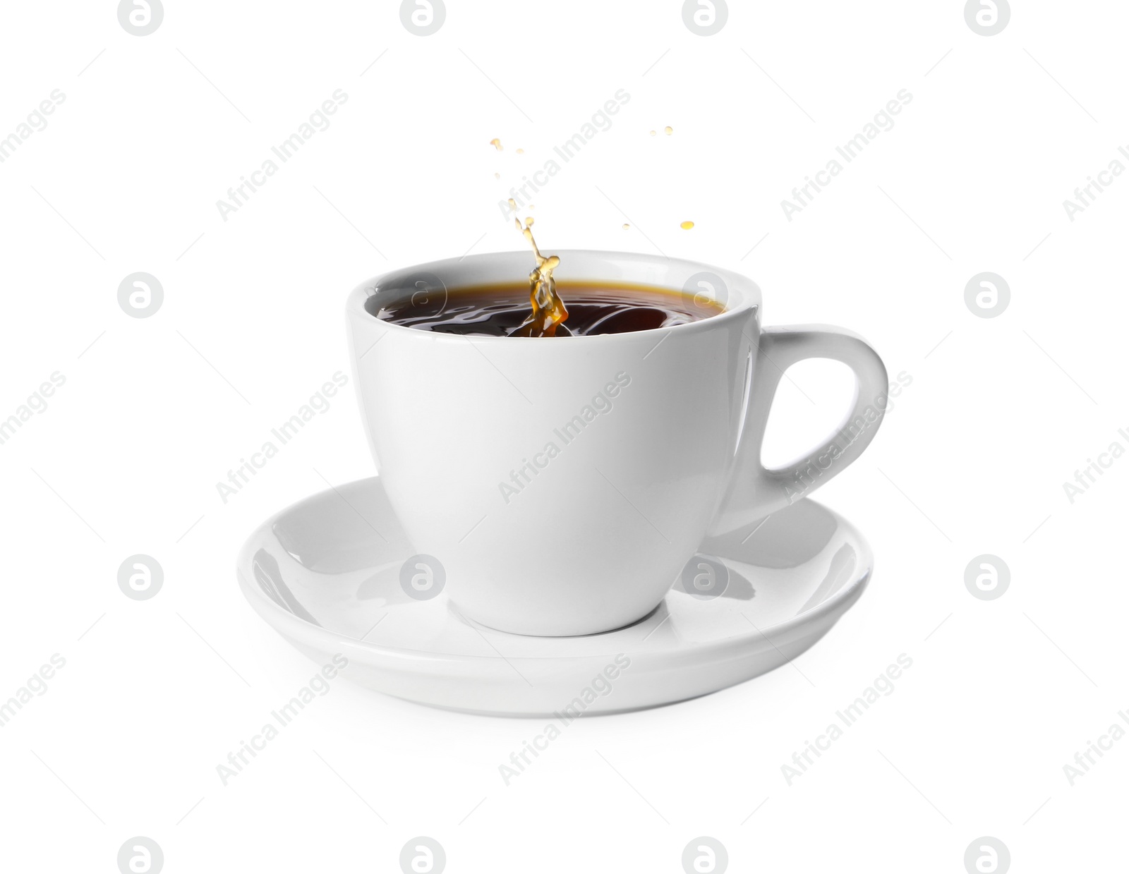 Photo of Cup with splashing coffee isolated on white