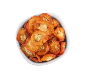 Photo of Bowl of cut dried kumquat fruits isolated on white, top view
