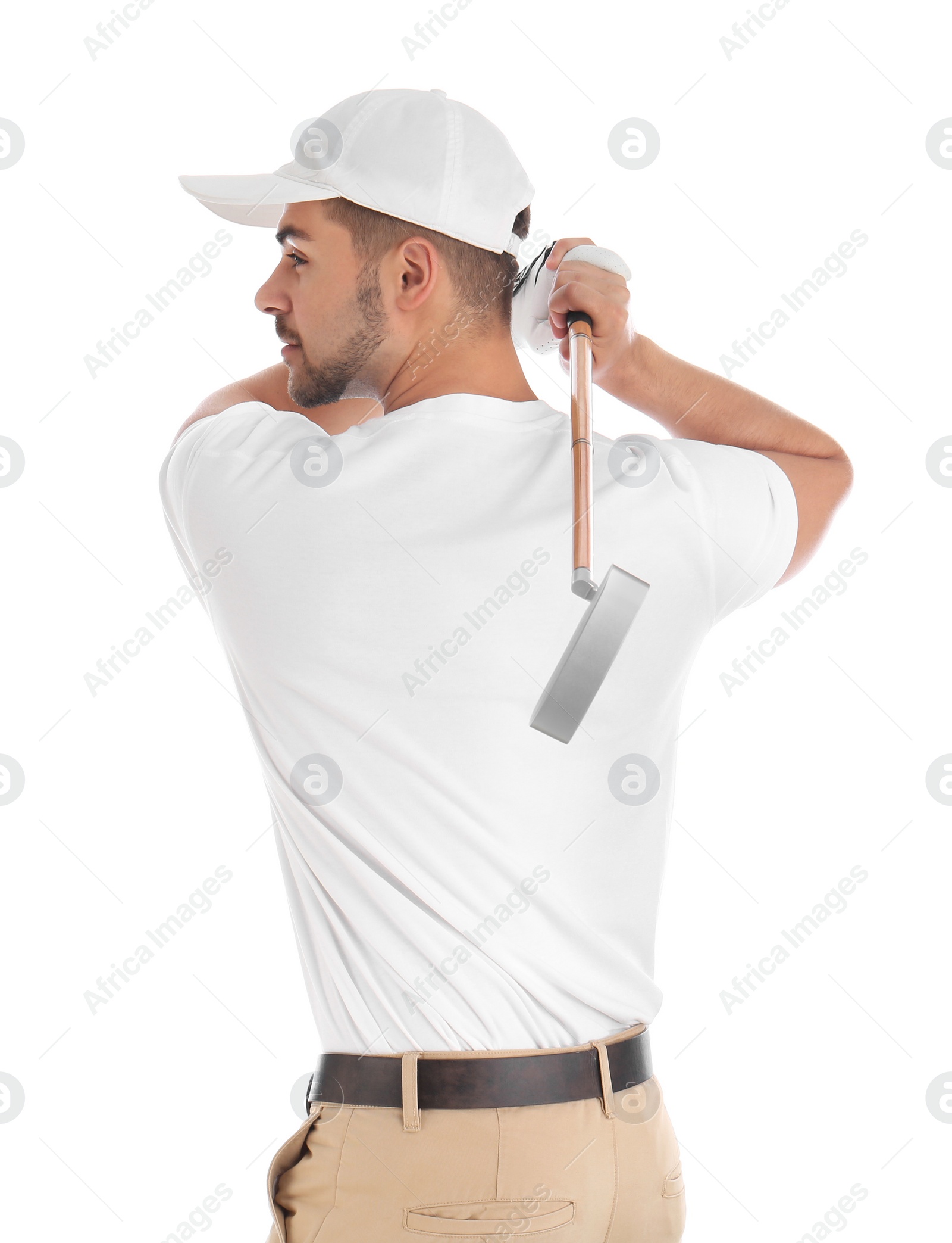 Photo of Young man playing golf on white background