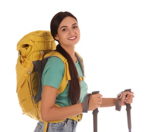 Female hiker with backpack and trekking poles on white background