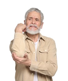 Arthritis symptoms. Man suffering from pain in elbow on white background