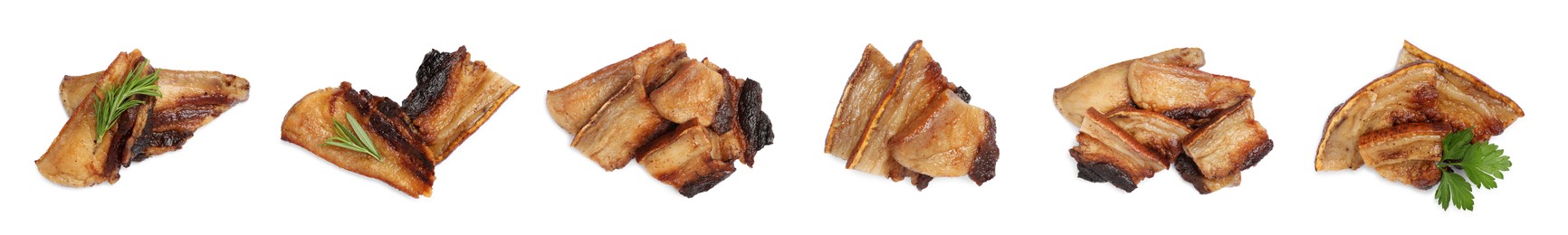 Image of Set with tasty fried pork lard on white background, top view. Banner design 