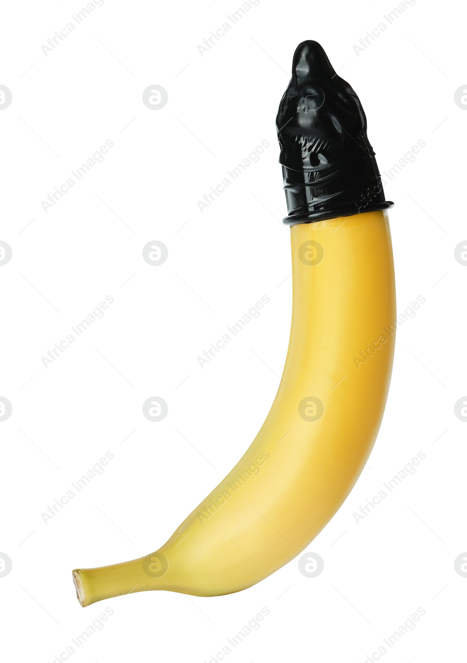 Photo of Banana with condom isolated on white. Safe sex concept