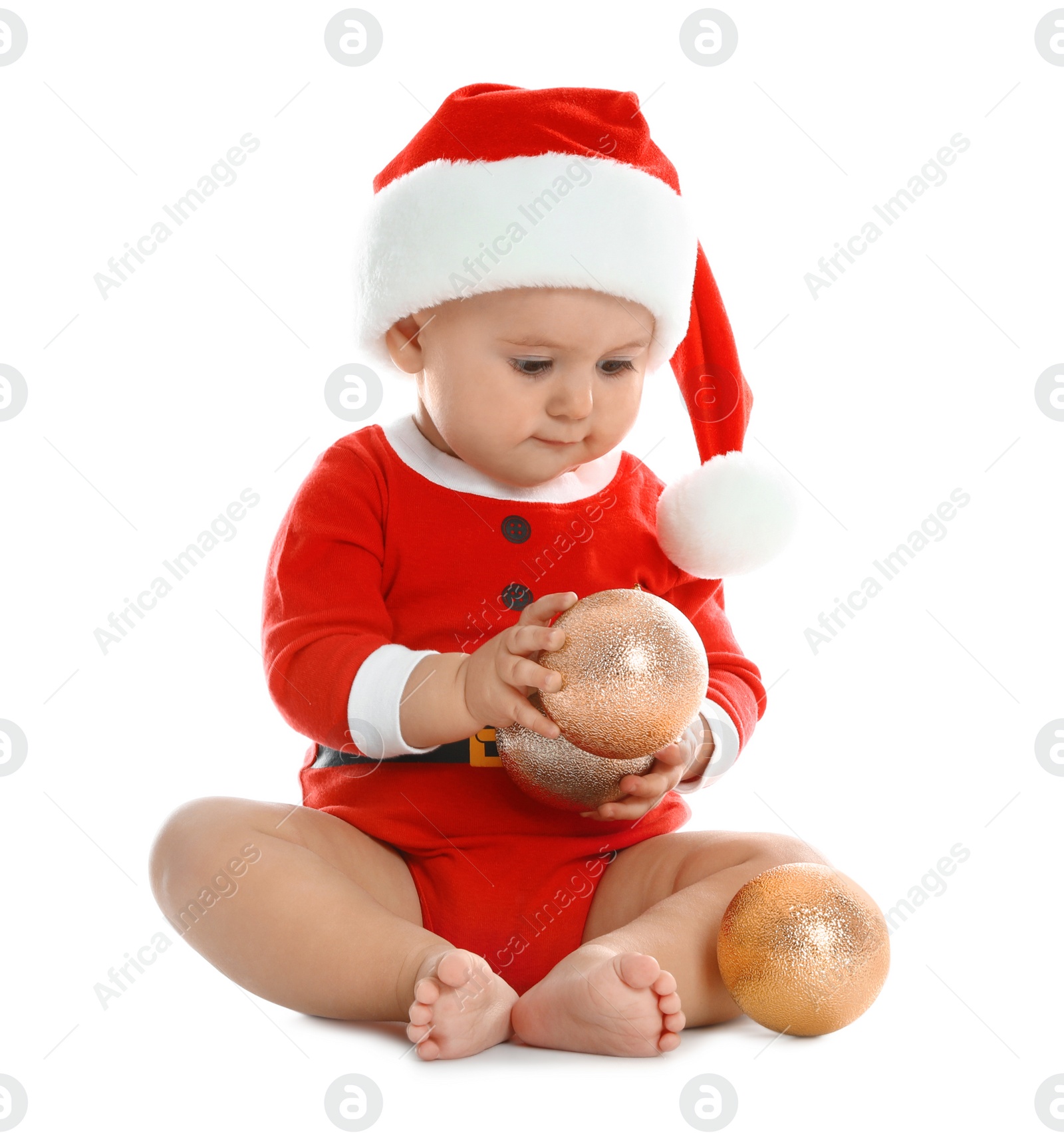 Photo of Cute little baby wearing festive Christmas costume on white background