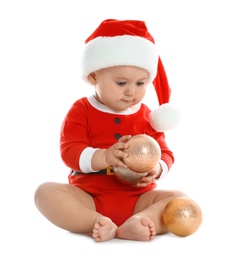 Cute little baby wearing festive Christmas costume on white background