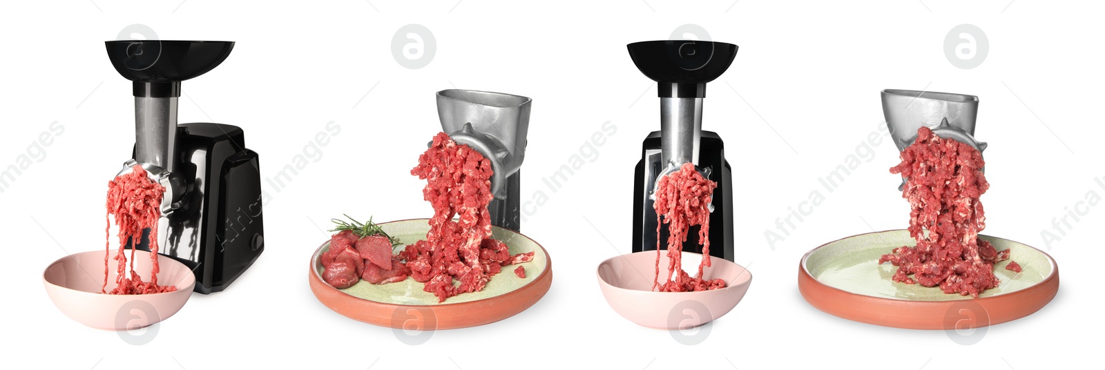 Image of Mincing beef with meat grinders on white background, set