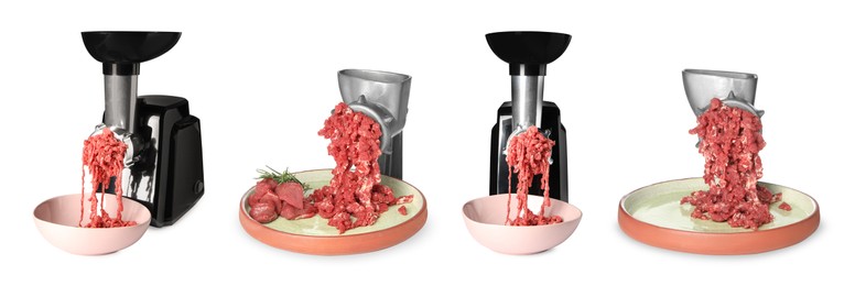 Image of Mincing beef with meat grinders on white background, set