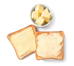 Tasty toasts with butter on white background, top view