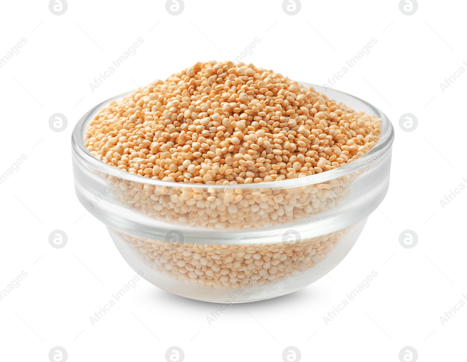 Photo of Raw quinoa in glass bowl isolated on white