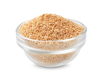 Photo of Raw quinoa in glass bowl isolated on white