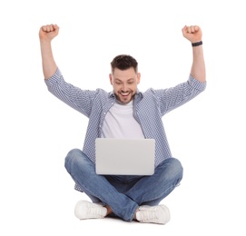 Emotional man with laptop on white background