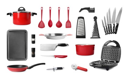 Set with different kitchenware on white background 