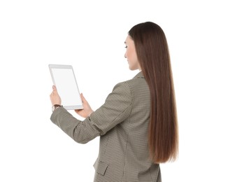 Photo of Woman holding tablet with blank screen on white background. Mockup for design