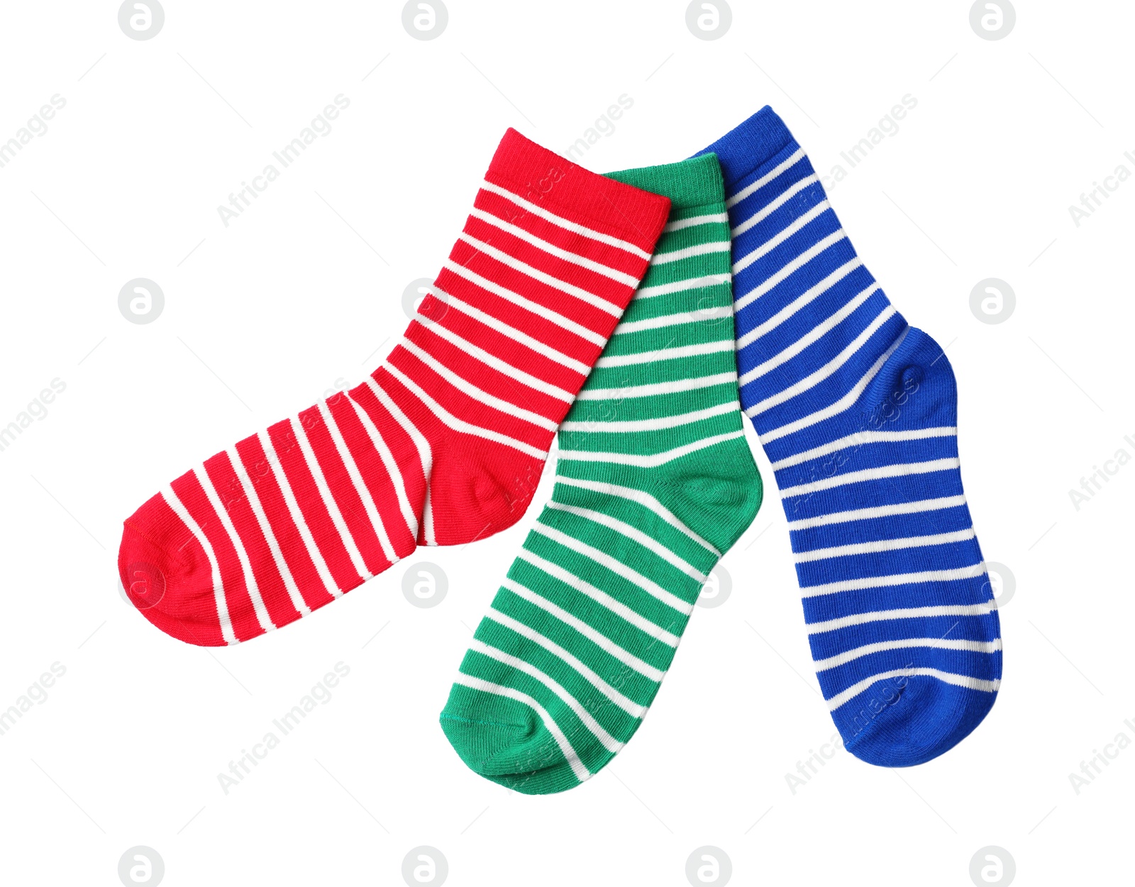 Photo of Cute child socks on white background, top view