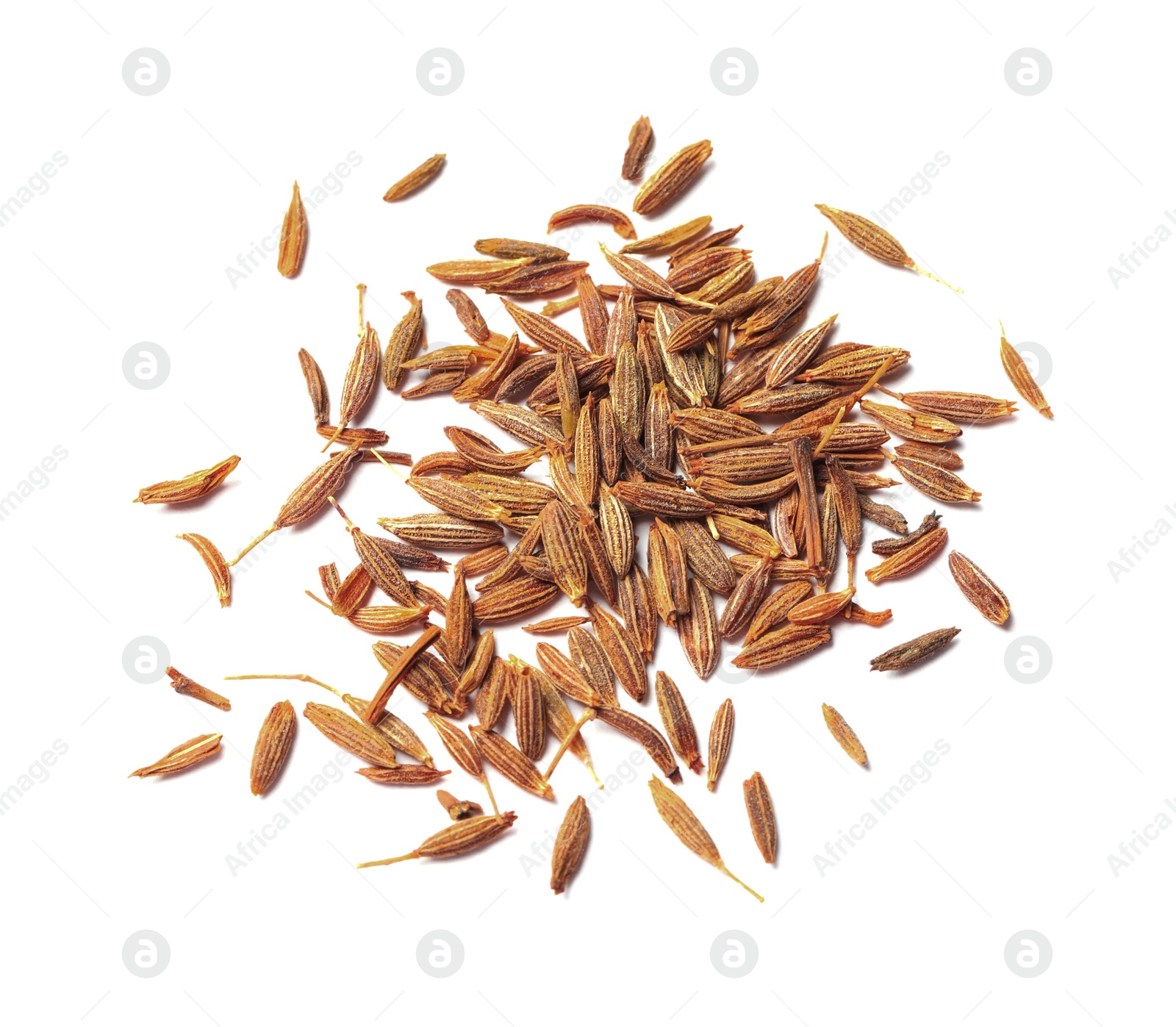 Photo of Heap of aromatic caraway (Persian cumin) seeds isolated on white, top view