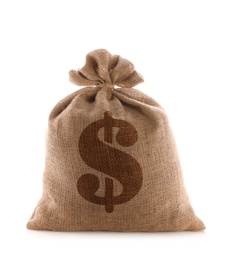 Image of Burlap bag with dollar sign on white background