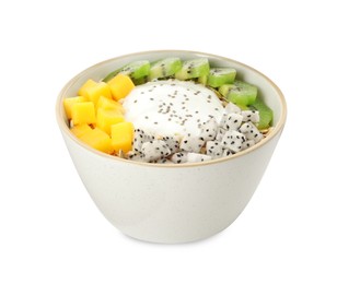 Bowl of granola with pitahaya, mango, kiwi and yogurt  isolated on white