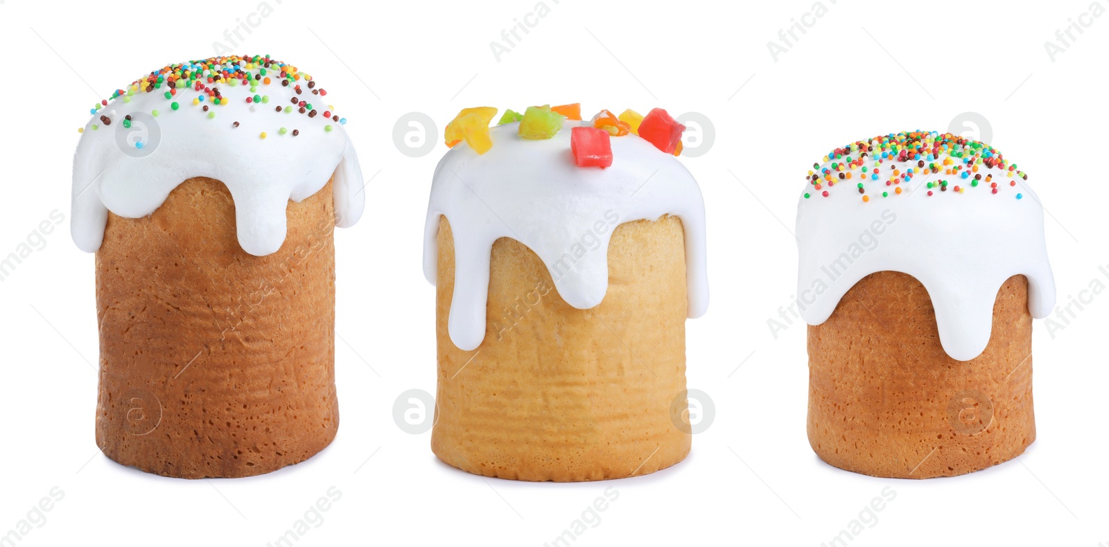 Image of Set with traditional Easter cakes on white background, banner design