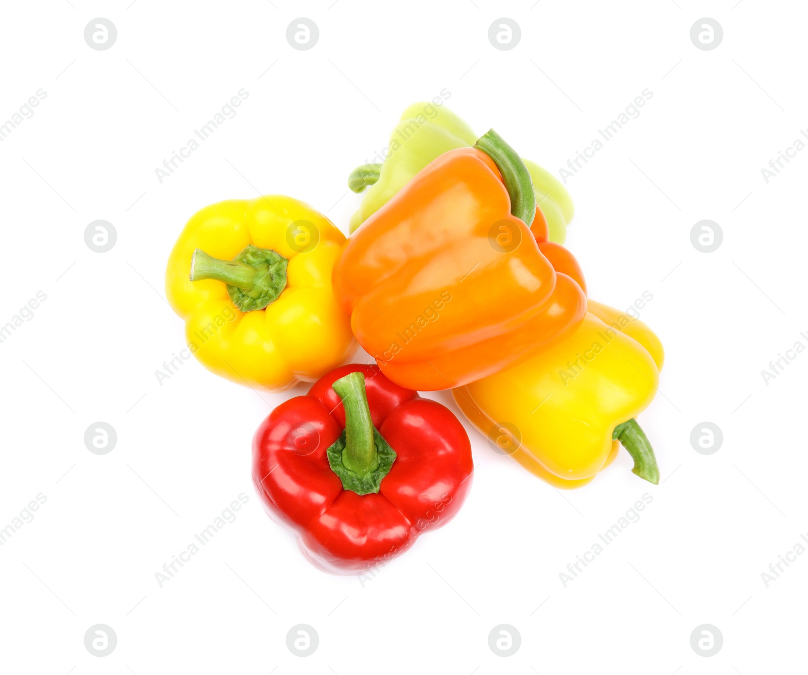 Photo of Fresh ripe bell peppers on white background, top view