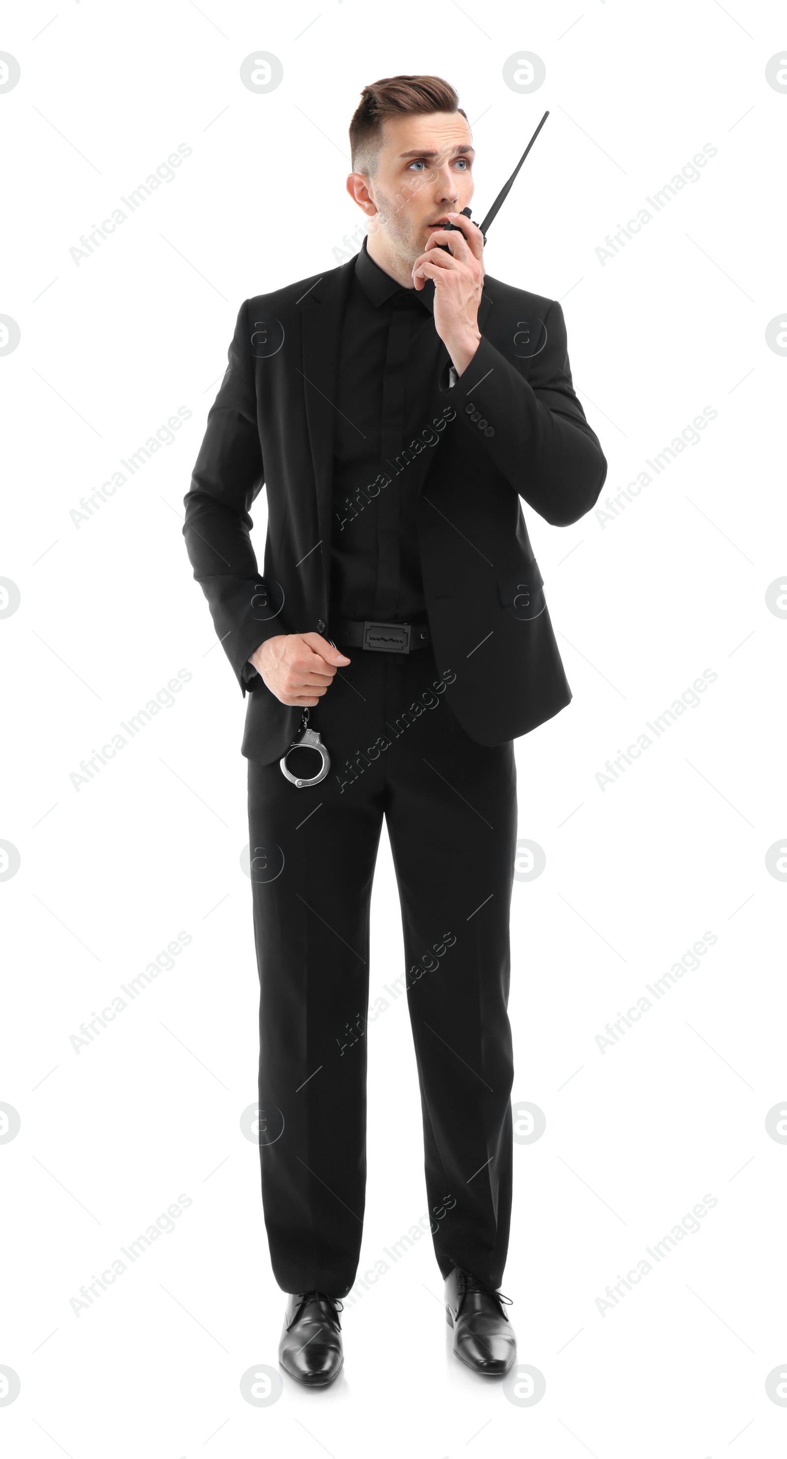 Photo of Male security guard using portable radio transmitter on white background