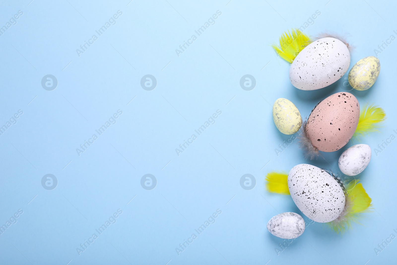 Photo of Many painted Easter eggs with feathers on light blue background, flat lay. Space for text