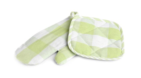 Photo of Oven glove and potholder for hot dishes on white background