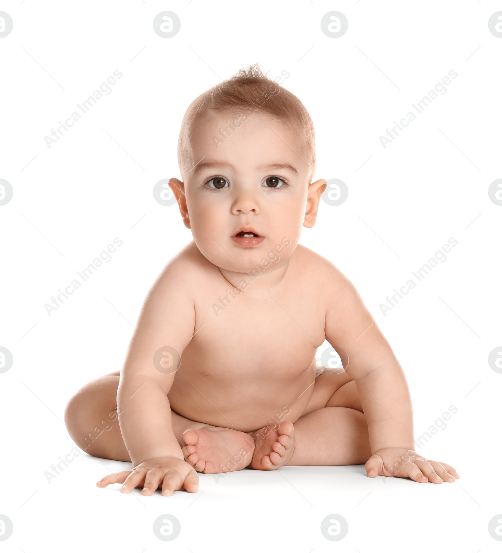 Photo of Cute healthy little baby on white background