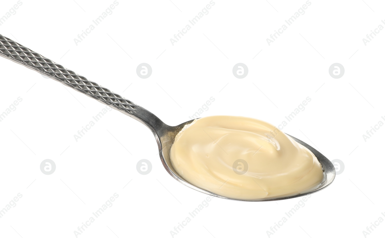 Photo of Spoon with tasty mayonnaise isolated on white