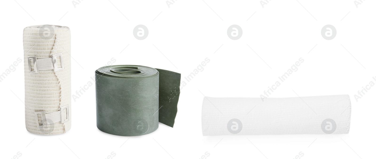 Image of Set with gauze and elastic bandages on white background. Banner design