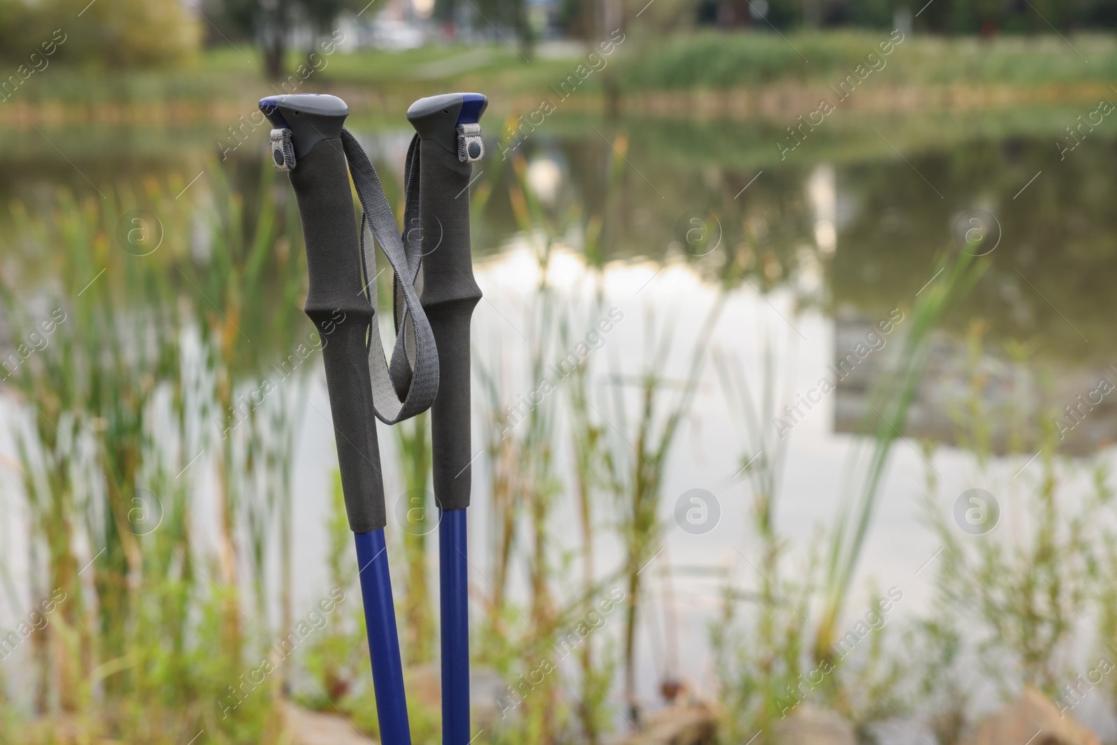 Photo of Two Nordic walking poles near lake outdoors, closeup. Space for text