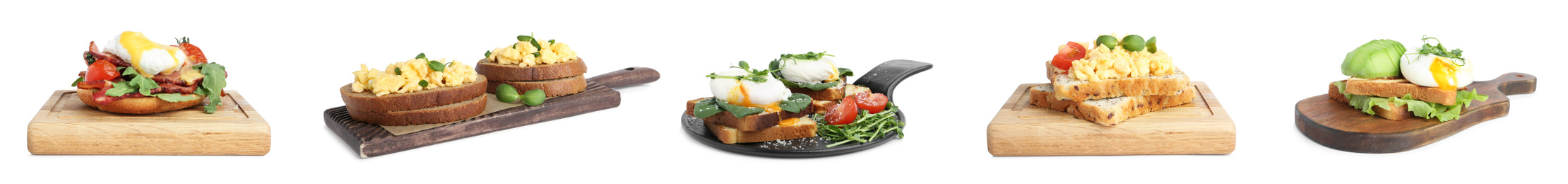 Image of Set of different egg sandwiches on white background. Banner design