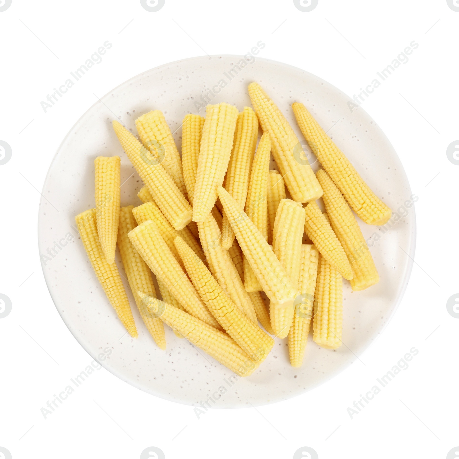 Photo of Fresh baby corn cobs on white background, top view