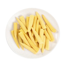 Photo of Fresh baby corn cobs on white background, top view