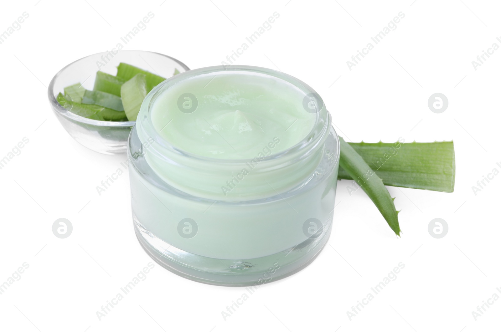 Photo of Jar of body cream with aloe on white background