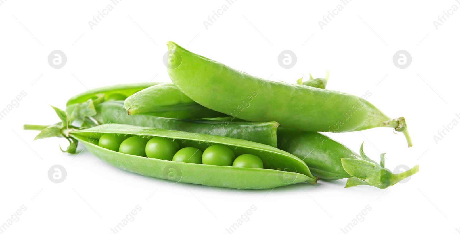 Photo of Delicious fresh green peas on white background